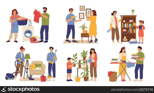 Family clean home. Woman wash clothes, child and parents cleaning house. Household help characters, housework routine vector. Woman mother clean room and clothes, family do household illustration. Family clean home. Woman wash clothes, child and parents cleaning house. Household help characters, housework routine swanky vector scenes
