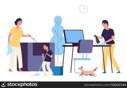 Family cleaning apartment. Parents, kid wasing floor, remove dust. Daily routine vector illustration, domestic work. Family cleaning home or apartment. Family cleaning apartment. Parents, kid wasing floor, remove dust. Daily routine vector illustration, domestic work