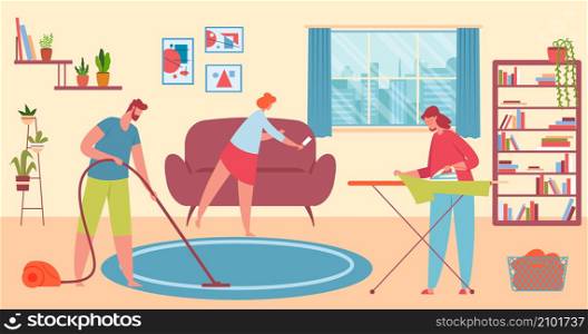 Family cleaning home and doing chores together. Vector household and housekeeping routine at house illustration. Family cleaning home and doing chores together