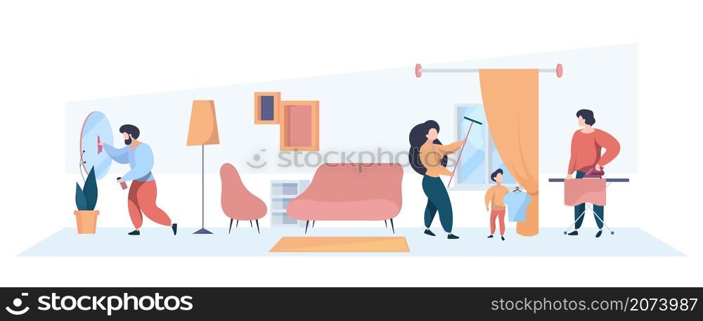 Family cleaning home interior. Mother father and kids washing room children helping parents garish vector person. Housework family, domestic cleaning illustration. Family cleaning home interior. Mother father and kids washing room children helping parents garish vector person