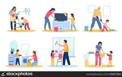 Family cleaning house. Children help parents with household chores. Joint clean apartment. People washing clothes and ironing. Man or woman mopping floors with kids. Vector housekeeping activities set. Family cleaning house. Children help parents with household chores. Joint clean apartment. People washing clothes and ironing. Mopping floors with kids. Vector housekeeping activities set