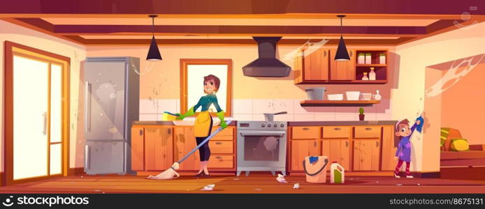 Family cleaning kitchen. Woman and girl wiping dust and washing dirty furniture.Vector cartoon illustration with cuisine interior, mother with sponge and mop and daughter helping. Woman and girl doing cleaning on kitchen