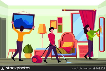 Family cleaning room. Domestic housework parents cleaning home with children happy cleaning service working garish vector cartoon background. Illustration of domestic housework. Family cleaning room. Domestic housework parents cleaning home with children happy cleaning service working garish vector cartoon background