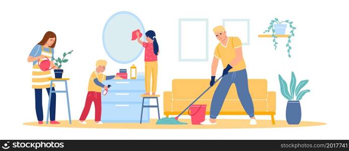 Family cleans at home. Mother, father, and kids clean up room. Couple with children do household chores. People vacuuming and mopping. Persons washing or dusting furniture. Vector housekeeping concept. Family cleans at home. Mother, father, and kids clean up room. Couple with children do chores. People vacuuming and mopping. Persons washing or dusting furniture. Vector housekeeping