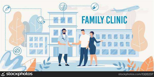 Family Clinic Presentation with Doctor Male Character in Uniform Meeting Married Couple. Cartoon Hospital Building. Healthcare, Treatment, Insurance, Examination, Vaccination. Vector Flat Illustration. Family Clinic Presentation with Doctor Meet Couple