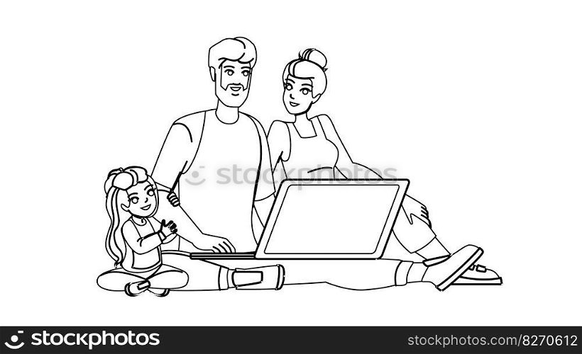 family computer vector. man home, laptop happy kid, internet father, online technology, parent woman family computer character. people Illustration. family computer vector