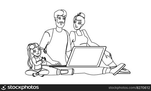 family computer vector. man home, laptop happy kid, internet father, online technology, parent woman family computer character. people Illustration. family computer vector