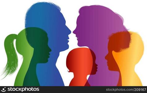 Family concept. Colored silhouette. Profiles with mom - dad - little boy - girl. Multiple exposure. Vector