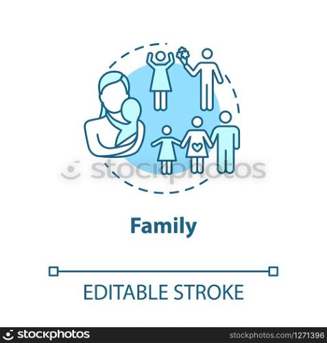 Family concept icon. Loving relationship. Father and mother with children. Couple planning for children idea thin line illustration. Vector isolated outline RGB color drawing. Editable stroke
