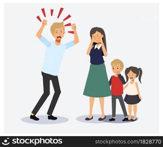 Family conflict. Angry, unhappy people.violence between husband and wife. Scold abuse, frightened children. Flat vector 2D cartoon character illustration.
