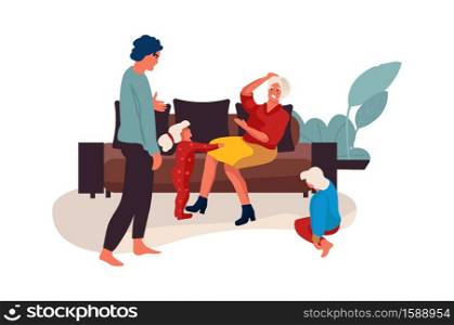 Family conflict. Couple quarrel at home, mother and father shouting with children. Kids suffer from parental dissolution, problems in relationship. Vector partners disagreement isolated illustration. Family conflict. Couple quarrel, problems in relationship. Mother and father shouting with children. Kids suffer from parental dissolution. Vector partners disagreement illustration