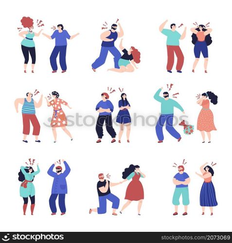 Family conflict. Disrespect people, quarrel brawl in couple. Angry woman man, domestic violence abuse or criticism in pair decent vector set. Illustration family angry conflict and disagreement. Family conflict. Disrespect people, quarrel brawl in couple. Angry woman man, domestic violence abuse or criticism in pair decent vector set