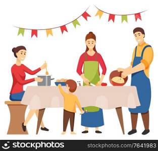 Family consisting of mother, father and children preparing dishes for Christmas holiday celebration. Isolated characters at home cooking meals for table. Kitchen decorated by flags flat style. Christmas Holidays Preparation, Family Cooking
