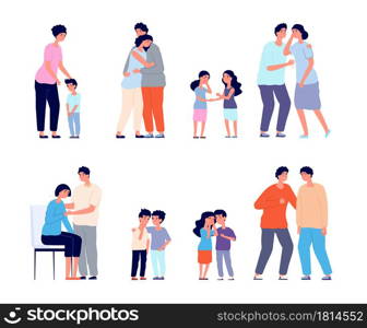 Family consoled. Cartoon supportive friend, grief or depression comforted. Husband support wife, mother hugging sad kid utter vector concept. Hugging family, mental depression support illustration. Family consoled. Cartoon supportive friend, grief or depression comforted. Husband support wife, mother hugging sad kid utter vector concept