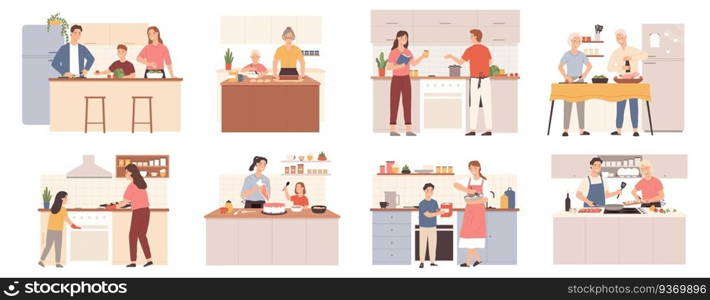 Family cooking at home. Parents, grandparents and kids preparing food for dinner, bake cookies and cake. Mom and child at kitchen vector set. Illustration family home cooking together. Family cooking at home. Parents, grandparents and kids preparing food for dinner, bake cookies and cake. Mom and child at kitchen vector set