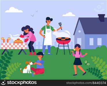 Family cooking barbecue at backyard flat vector illustration. Garden BBQ party. Mother, father and happy children with dog. Outdoor leisure and modern picnic time concept