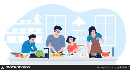 Family cooking breakfast or dinner on home kitchen together. Guy preparation lunch, father cook with children. Cartoon mom in apron, recent vector scene of breakfast at home together illustration. Family cooking breakfast or dinner on home kitchen together. Guy preparation lunch, father cook with children. Cartoon mom in apron, recent vector scene