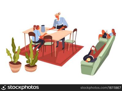 Family cooking dinner, mother teaching daughter, female character helping mom with chores. Father and kid sitting on sofa, relaxing at couch. Parenting and homemade food preparation, vector in flat. People in kitchen, mom teaching child, family at home