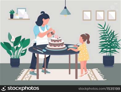 Family cooking flat color vector illustration. Mom and girl decorate cake together. Creative hobby for parent and children. Mother and daughter 2D cartoon characters with interior on background. Family cooking flat color vector illustration