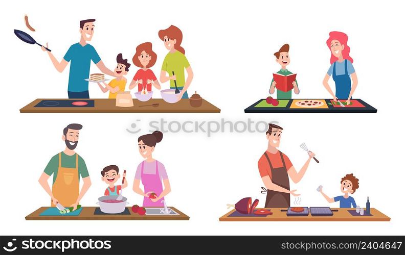 Family cooking. Happy couples and kids spend time at kitchen preparing food serving table washing utensils exact vector smilng characters. Family cooking together, father mother and kids illustration. Family cooking. Happy couples and kids spend time at kitchen preparing food serving table washing utensils exact vector smilng characters