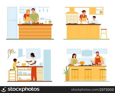 Family cooking. Happy couples, parents with children prepare lunch and dinner, people in home kitchen, little boys help moms with food preparation, vector cartoon flat style isolated culinary set. Family cooking. Happy couples, parents with children prepare lunch and dinner, people in home kitchen, little boys help moms with food preparation, vector cartoon isolated culinary set