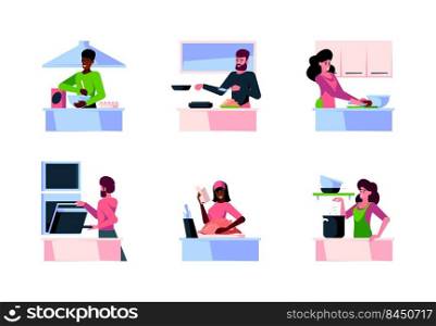 Family cooking. Mother father and children making food together in kitchen chefs baking garish vector flat concept illustrations. Family cooking meal, character at kitchen. Family cooking. Mother father and children making food together in kitchen chefs baking garish vector flat concept illustrations