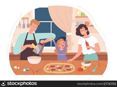 Family cooking pizza. Mother daughter bake dinner, parents and child spend time together. Man woman girl at kitchen vector illustration. Family cooking pizza with daughter, woman and man. Family cooking pizza. Mother daughter bake dinner, parents and child spend time together. Man woman girl at kitchen vector illustration