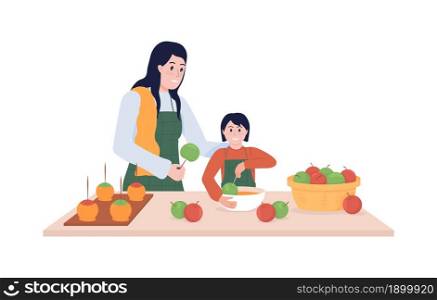 Family cooking semi flat color vector characters. Posing figures. Full body people on white. Autumnal seasonal activity isolated modern cartoon style illustration for graphic design and animation. Family cooking semi flat color vector characters