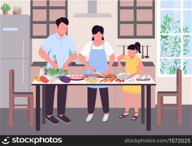 Family cooking together flat color vector illustration. Parent with child prepare food. Kid slice vegetable to help mom and dad. Relative 2D cartoon characters with household interior on background. Family cooking together flat color vector illustration