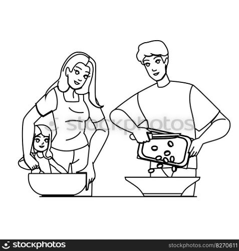 family cooking vector. home, man, happy together, woman, father mother, parent kitchen, dinner meal family cooking character. people Illustration. family cooking vector