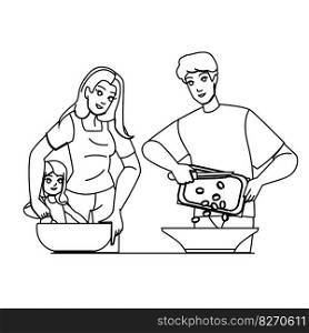 family cooking vector. home, man, happy together, woman, father mother, parent kitchen, dinner meal family cooking character. people Illustration. family cooking vector