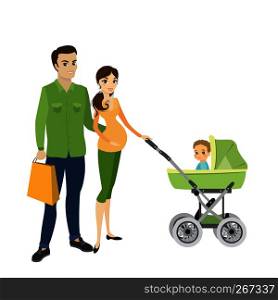 Family couple and a child in a pram,cartoon vector illustration isolated on white background. Family couple and a child in a pram