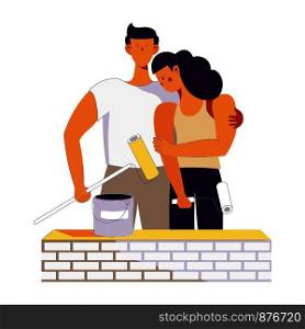Family couple building house or home repair together. Vector faceless young man and woman with paint roller at brickwork wall leaning head on shoulder. Vector young couple family on house building