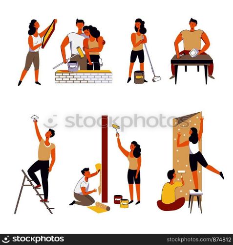 Family couple making home repair or renovation works. Vector young man and woman painting wall or gluing wallpapers for house brickwork with woodwork and carpentry tools or changing lightbulb. Family couple vector home repair