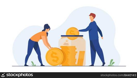 Family couple saving money. Man and woman inserting cash into glass jar. Vector illustration for finance, deposit, economy, investment, banking, concept