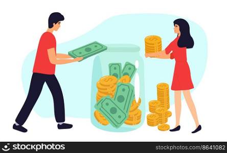Family couple saving money. Man and woman inserting cash into glass jar. Vector illustration for finance, deposit, economy, investment, banking, concept. Family couple saving money. Man and woman inserting cash into glass jar. Vector illustration for finance, deposit, economy, investment, banking, concept.