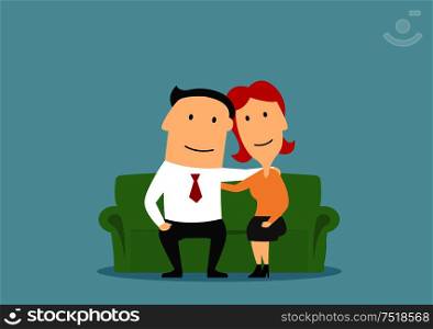 Family couple sitting on sofa. Husband and wife hugging. Happy parents vector characters. Love, care and tenderness concept. Adult man and woman romance and friendship. Family couple sitting on sofa and hugging