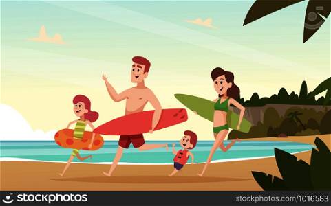 Family couple travellers. Happy kids with parents smiling people on tropical beach sea or ocean summer vacation vector background. Illustration of family vacation beach, travel to ocean. Family couple travellers. Happy kids with parents smiling people on tropical beach sea or ocean summer vacation vector background