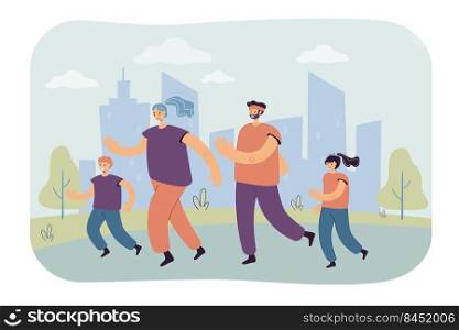 Family couple with kids jogging in city park. Parents and children training for marathon. Vector illustration for family outdoor activity, sport, running, lifestyle concept