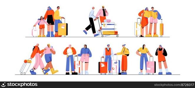 Family, couples and friends travel. Diverse people standing with suitcases and backpacks, walk and push cart with luggage, look at map, vector cartoon illustration. Family, couples and friends travel