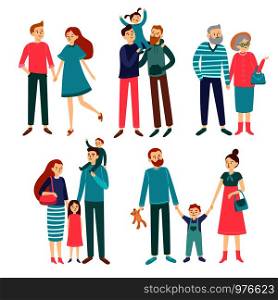 Family couples. Father and mother with children, brother and sister. Members of adults homosexual men families, young or elderly couple people illustrated character vector isolated set. Family couples. Father and mother with children, brother and sister. Members of homosexual families, young or elderly couple vector set