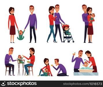 Family couples. Love mother and father playing with their little kids happy mom dad parents vector illustrations. Father and mother with child. Family couples. Love mother and father playing with their little kids happy mom dad parents vector illustrations