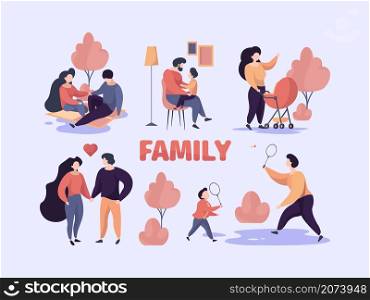 Family couples. Stylized happy characters parents mother and father with kids in various situation adult standing garish vector set. Illustration mother and father, family together rest. Family couples. Stylized happy characters parents mother and father with kids in various situation adult standing garish vector set