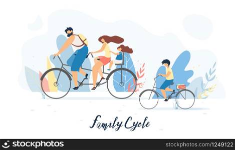 Family Cycle Flat Vector Banner, Poster with Father and Mother Riding Tandem Bicycle with Daughter Sitting on Child Bike Seat Behind, Son Cycling Beside Illustration. Family Outdoor Activity Concept