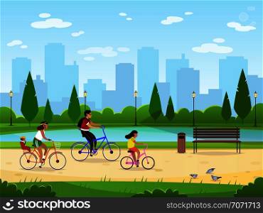 Family cycling. Active family vacation riding bikes lifestyle sport park leisure activities happy group, cartoon vector illustration. Family cycling. Active family vacation riding bikes lifestyle sport park leisure activities happy group, cartoon image