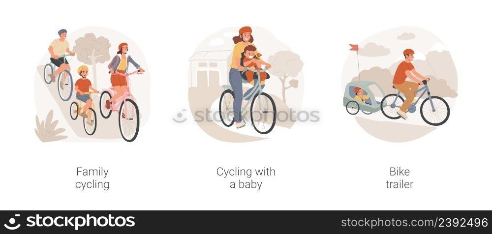 Family cycling isolated cartoon vector illustration set. Parent and kid on bicycle, cycling with a baby, active lifestyle, riding with bike trailer, family outdoor recreation vector cartoon.. Family cycling isolated cartoon vector illustration set.