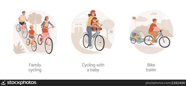 Family cycling isolated cartoon vector illustration set. Parent and kid on bicycle, cycling with a baby, active lifestyle, riding with bike trailer, family outdoor recreation vector cartoon.. Family cycling isolated cartoon vector illustration set.
