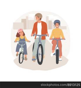Family cycling isolated cartoon vector illustration. Smiling parents and kid cycling on bikes together, happy childhood, people having fun, family lifestyle, physical activity vector cartoon.. Family cycling isolated cartoon vector illustration.