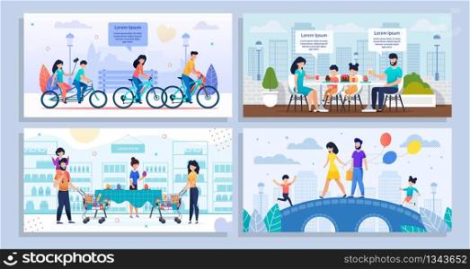Family Daily Activities and Recreation Cartoon Set. Happy Father, Mother and Children on Walk and Exercising on Bicycles. Characters Shopping and Celebrating Party in Cafe. Vector Flat Illustration. Family Daily Activities and Recreation Cartoon Set