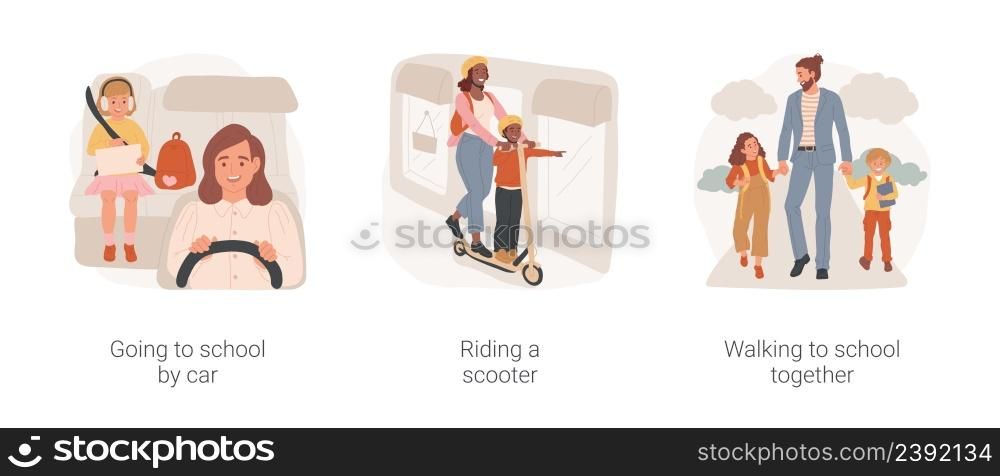 Family daily routine isolated cartoon vector illustration set. Going to school by car, riding a scooter, walking to school together, child on carseat, children with backpacks vector cartoon.. Family daily routine isolated cartoon vector illustration set.